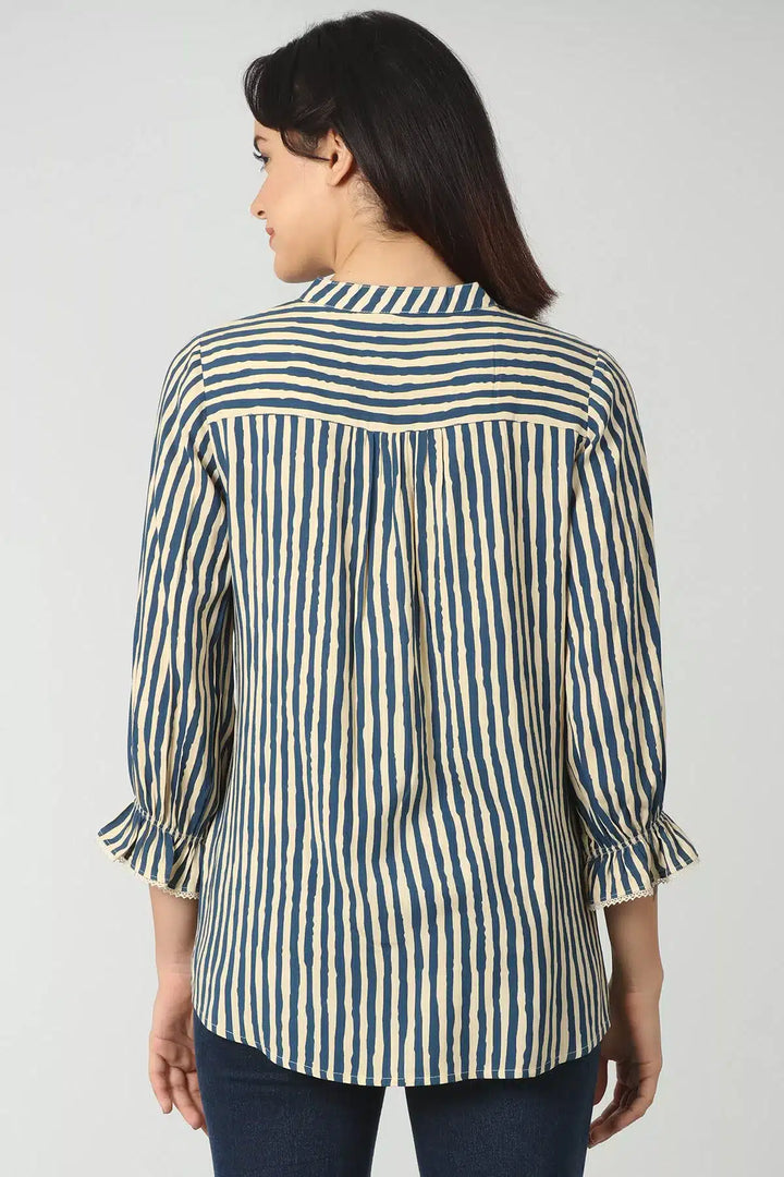 Blue rayon stripe top (Bell sleeves)