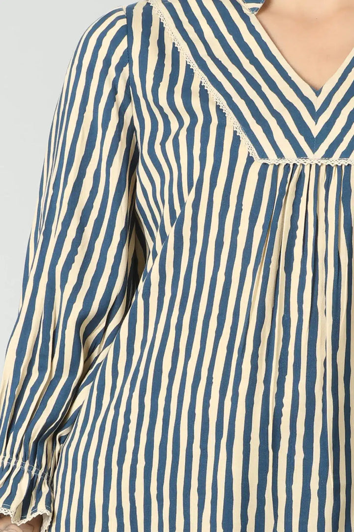 Blue rayon stripe top (Bell sleeves)