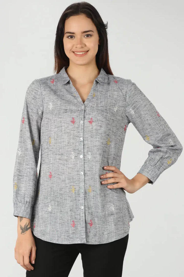 Grey Embroidery collared shirt