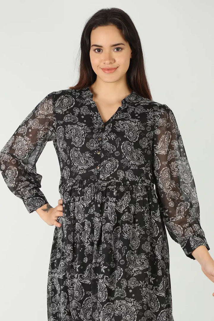 Black printed maxi dress with collared neck