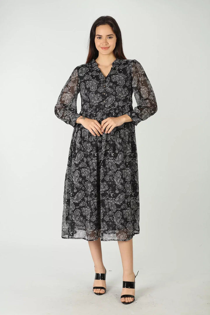 Black printed maxi dress with collared neck