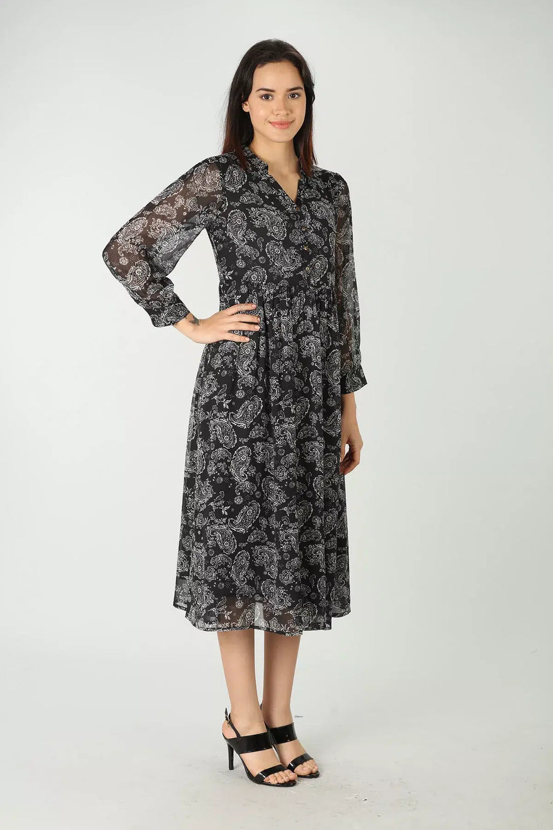 Black printed maxi dress with collared neck