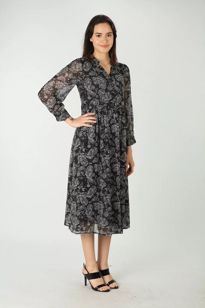 Black printed maxi dress with collared neck