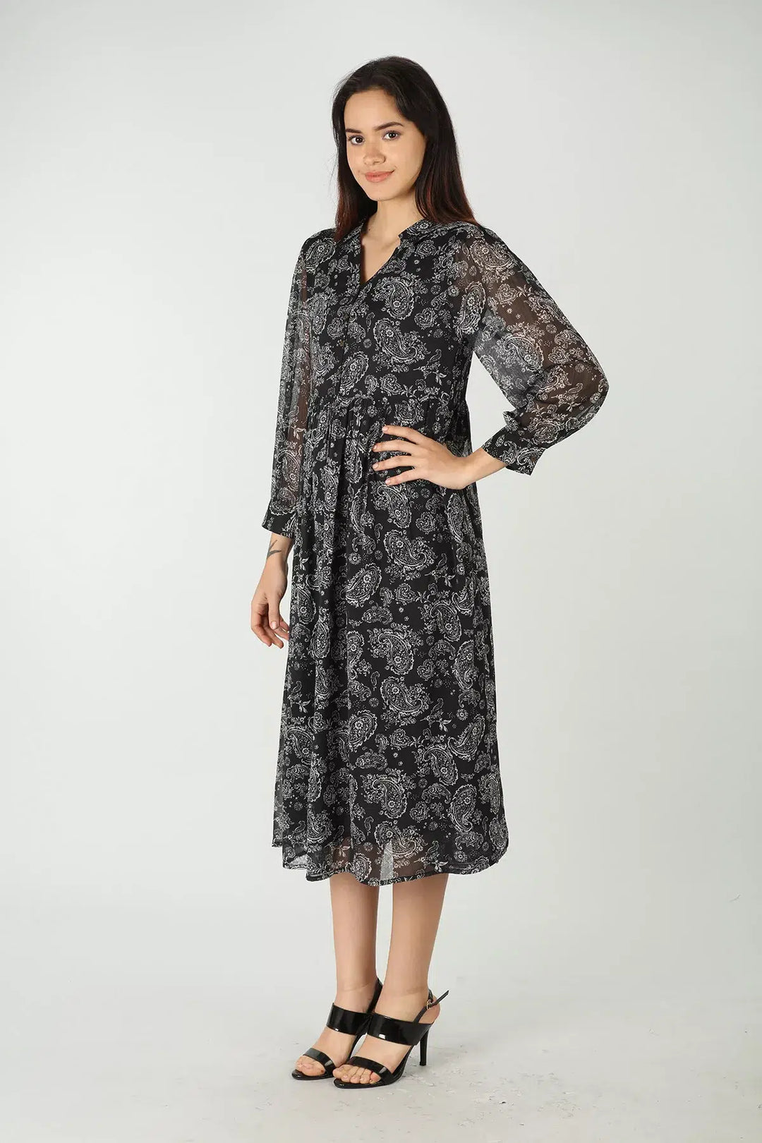 Black printed maxi dress with collared neck