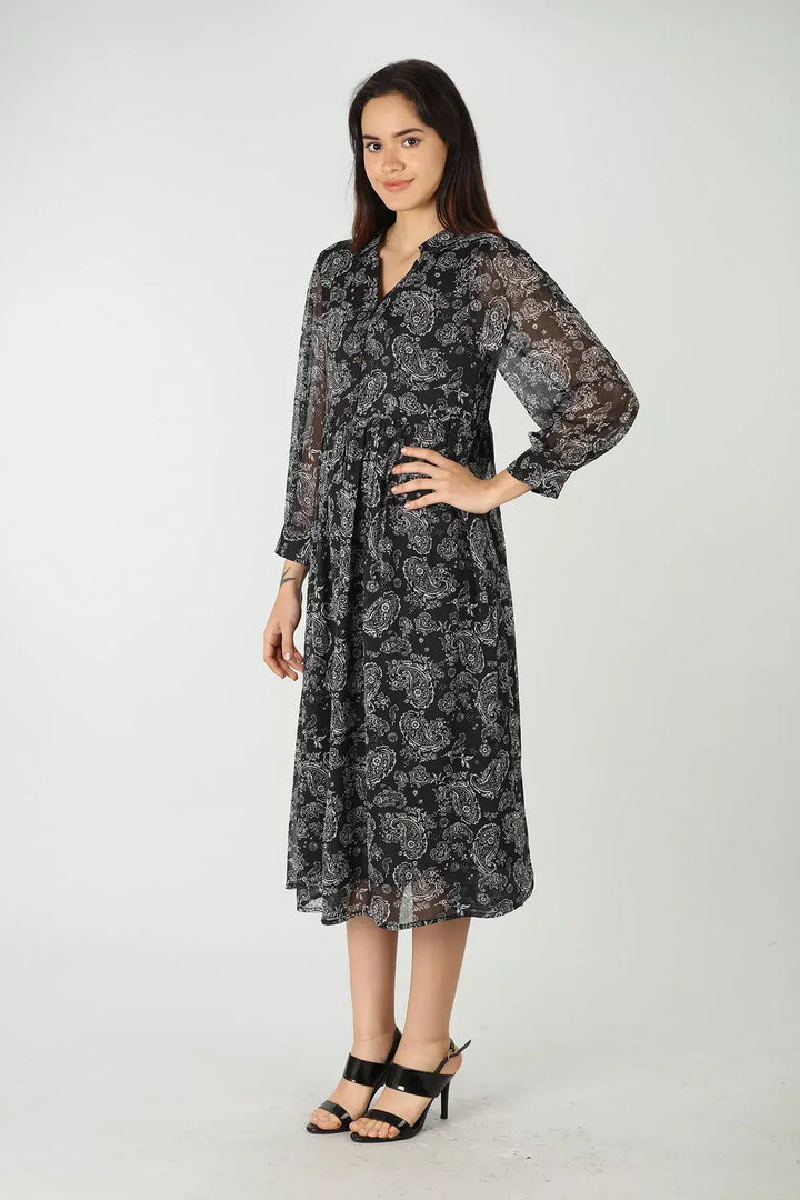Black printed maxi dress with collared neck