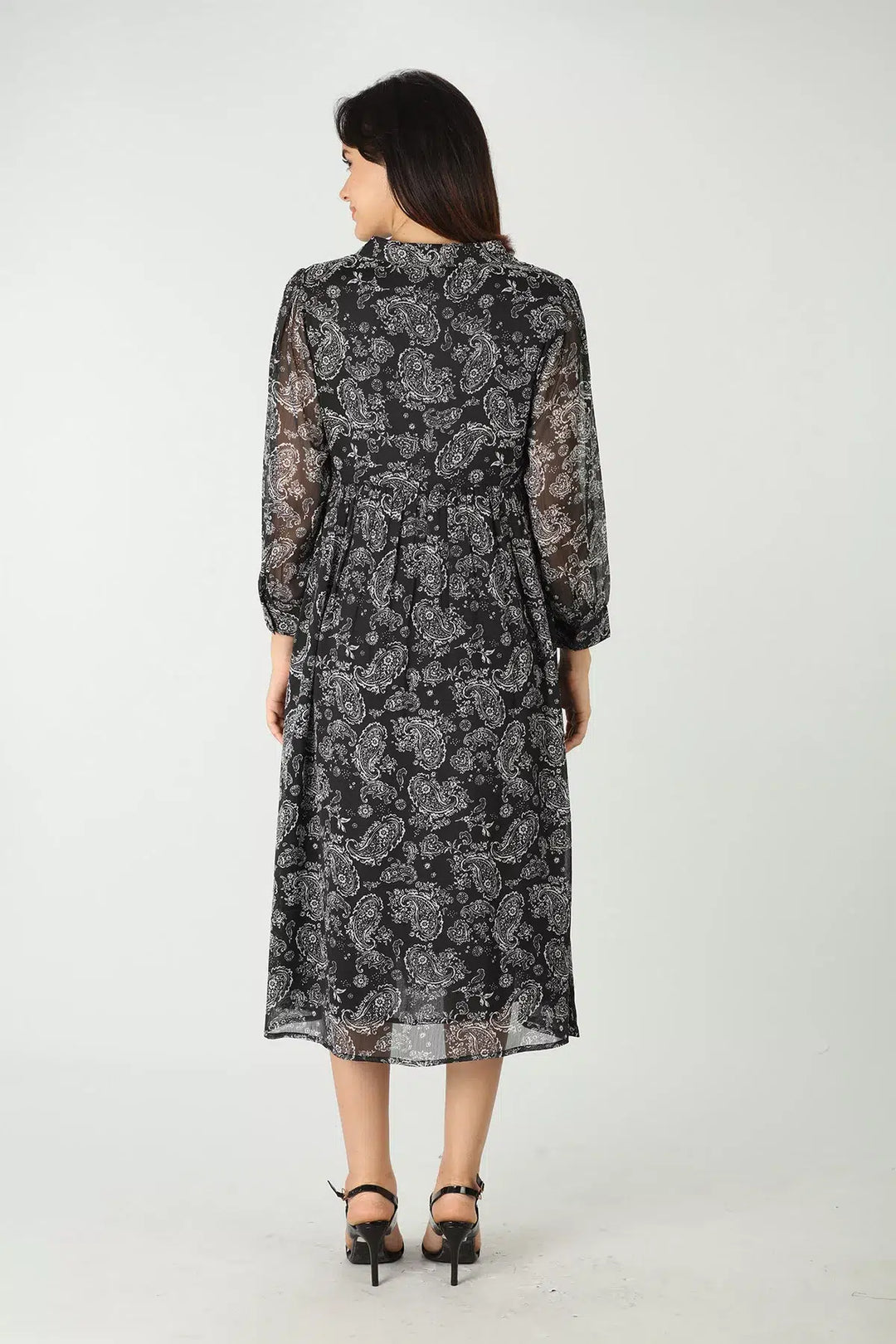 Black printed maxi dress with collared neck