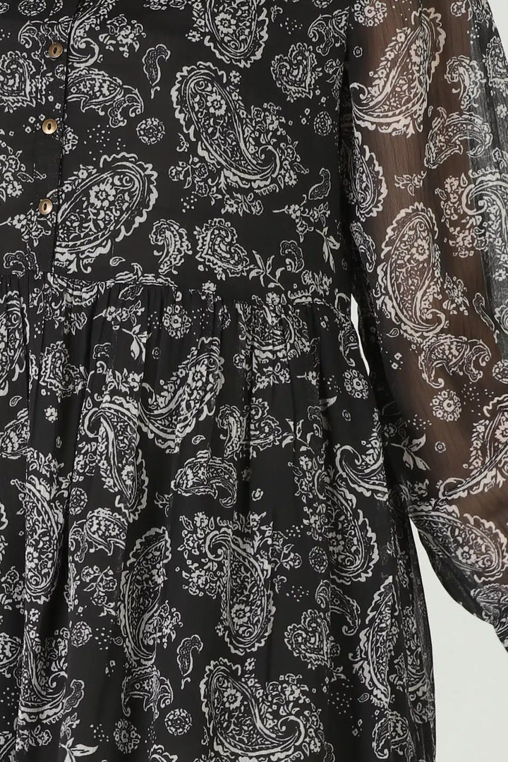 Black printed maxi dress with collared neck