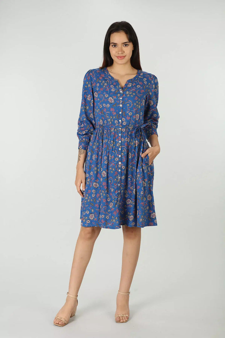 Floral print A-line dress (blue)