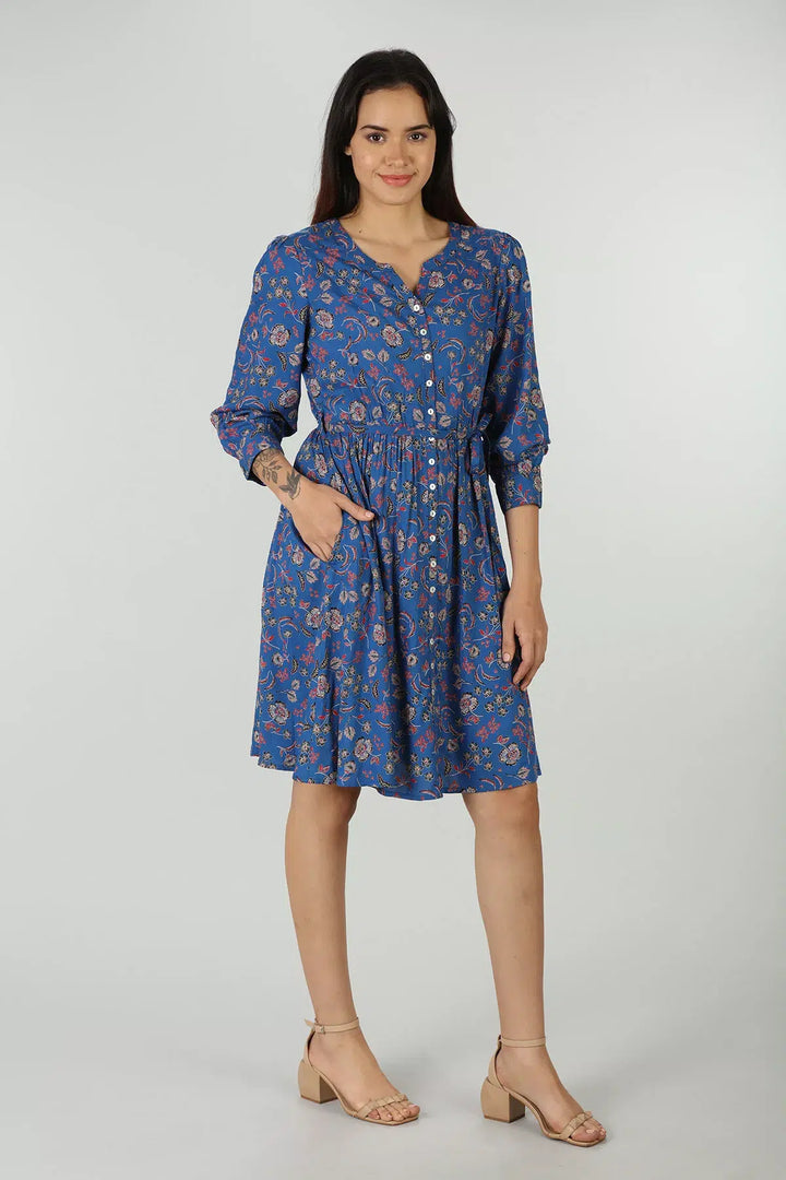 Floral print A-line dress (blue)