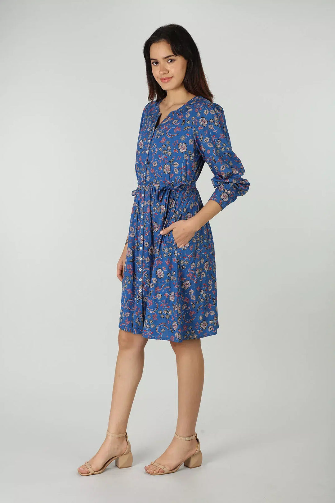 Floral print A-line dress (blue)