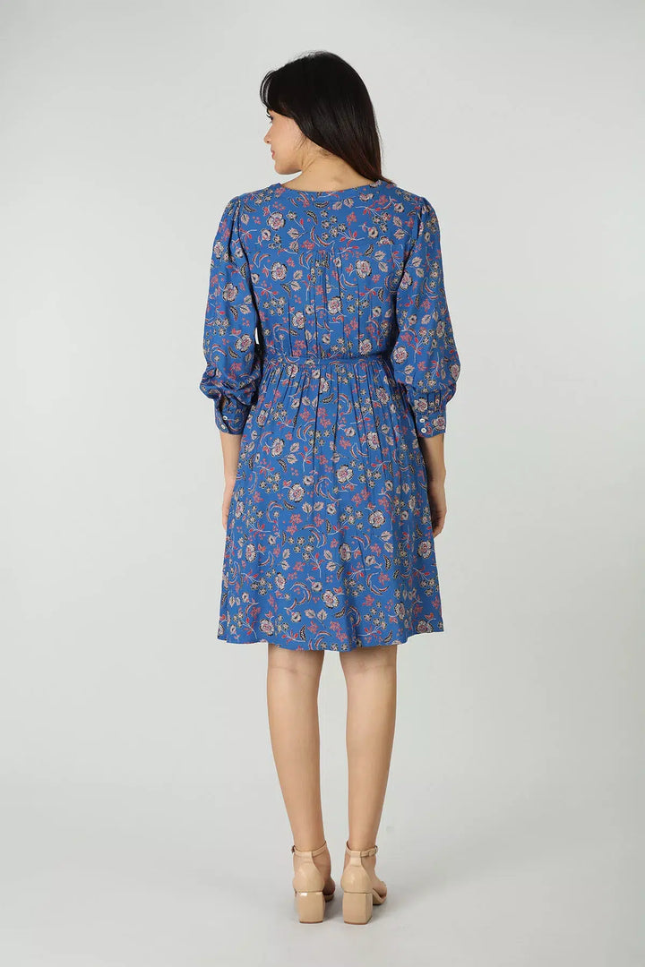 Floral print A-line dress (blue)