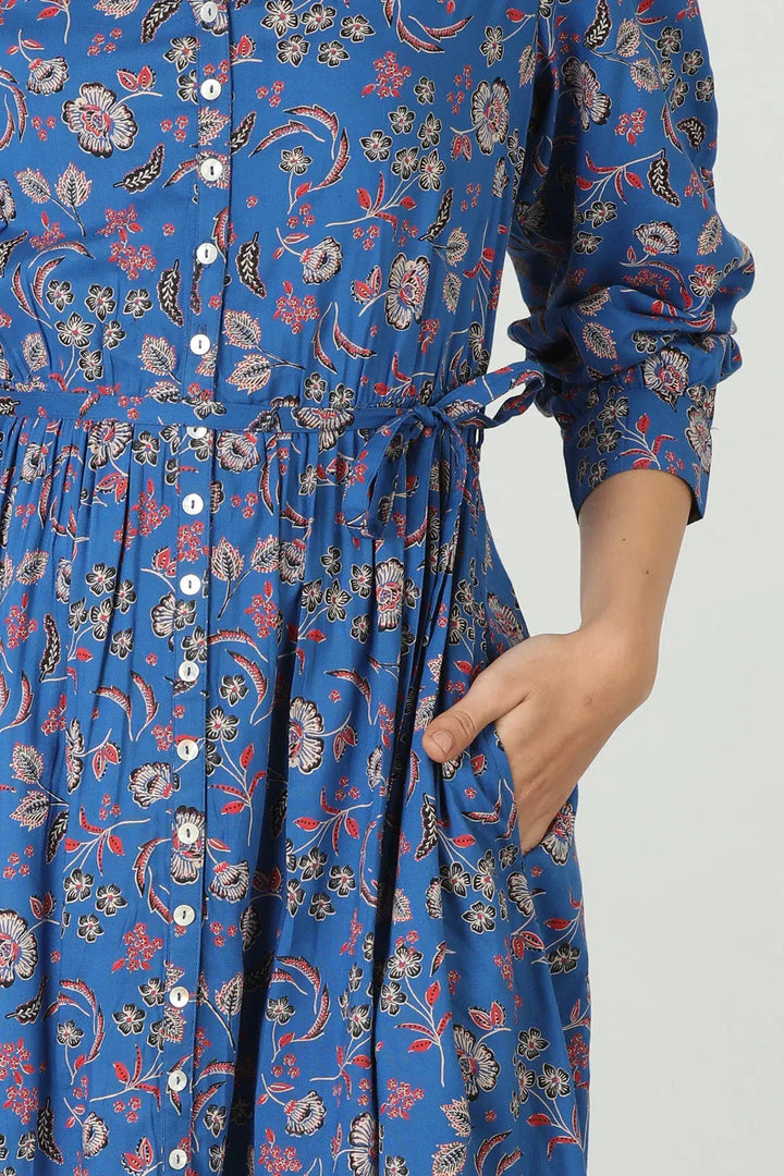 Floral print A-line dress (blue)