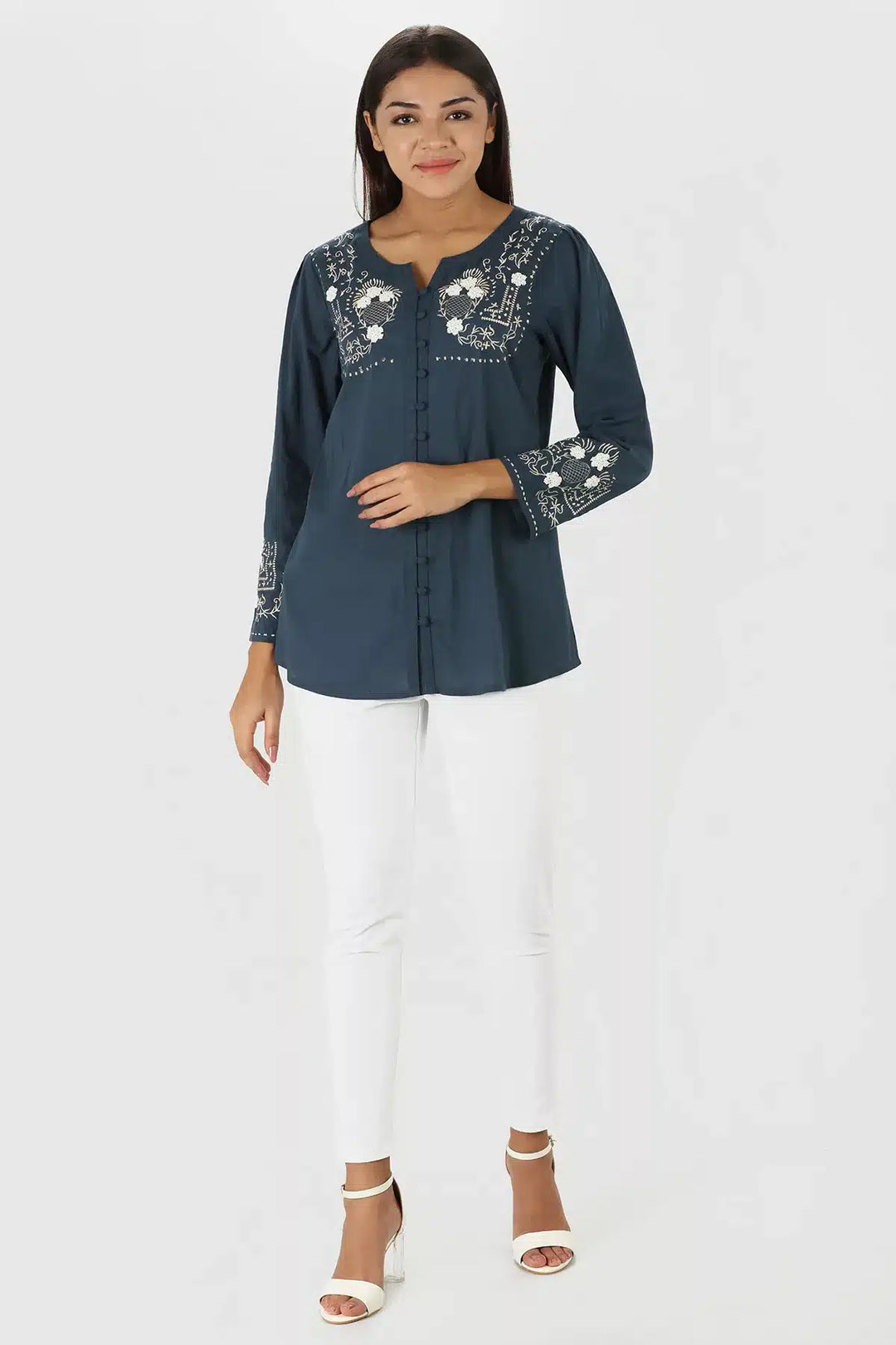 Blue Embroidered Round Neck Top