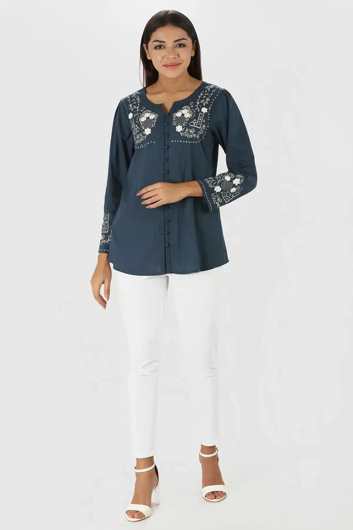 Blue Embroidered Round Neck Top