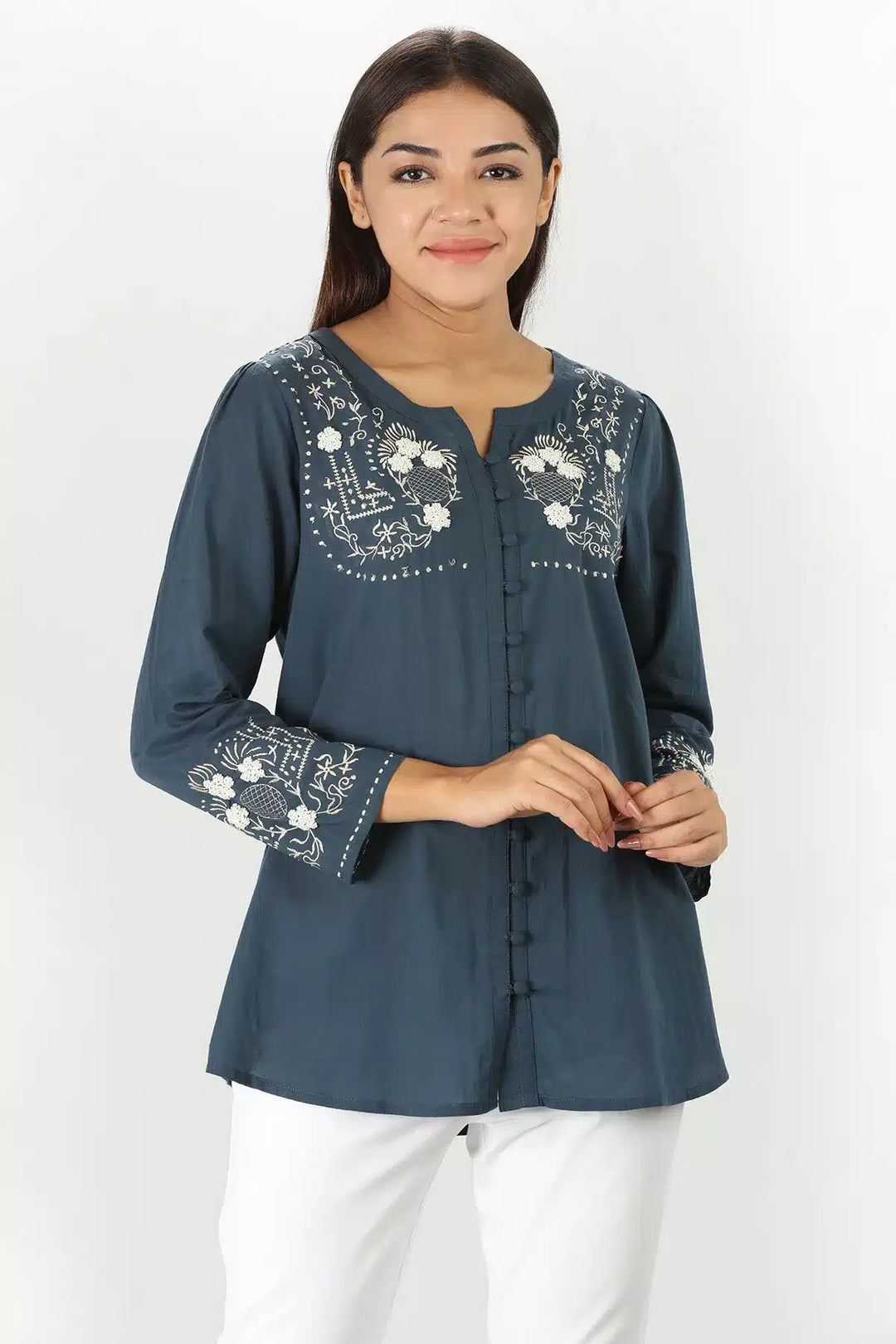 Blue Embroidered Round Neck Top