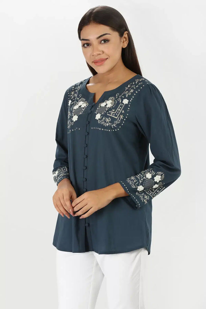 Blue Embroidered Round Neck Top