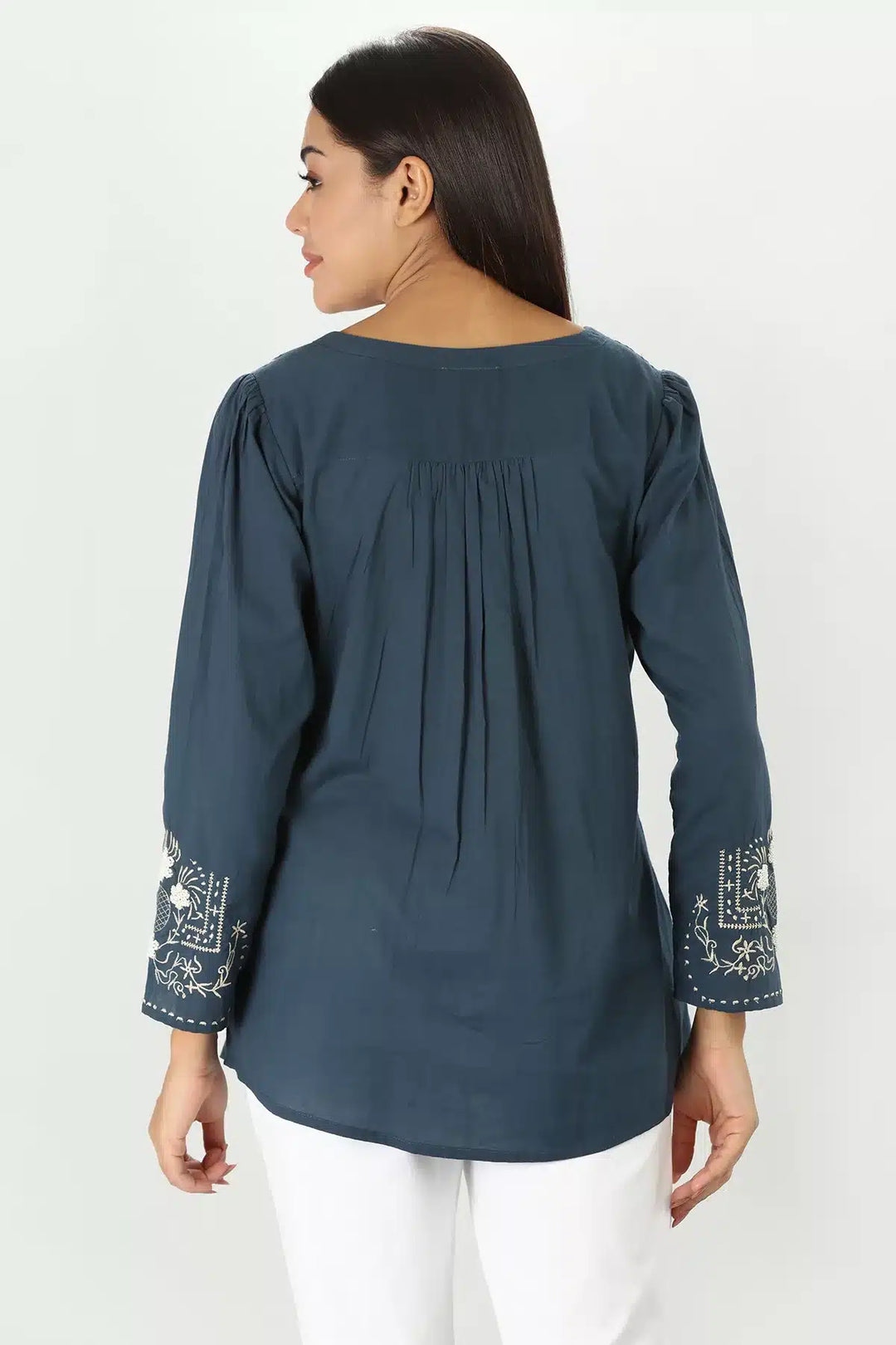 Blue Embroidered Round Neck Top