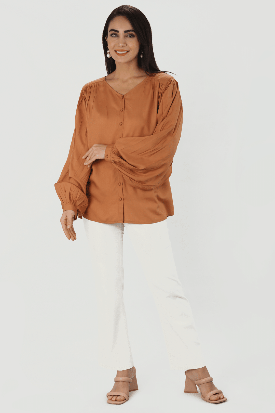 Beige Solid V Neck Top