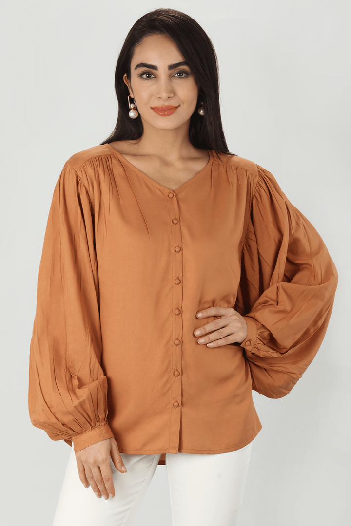Beige Solid V Neck Top