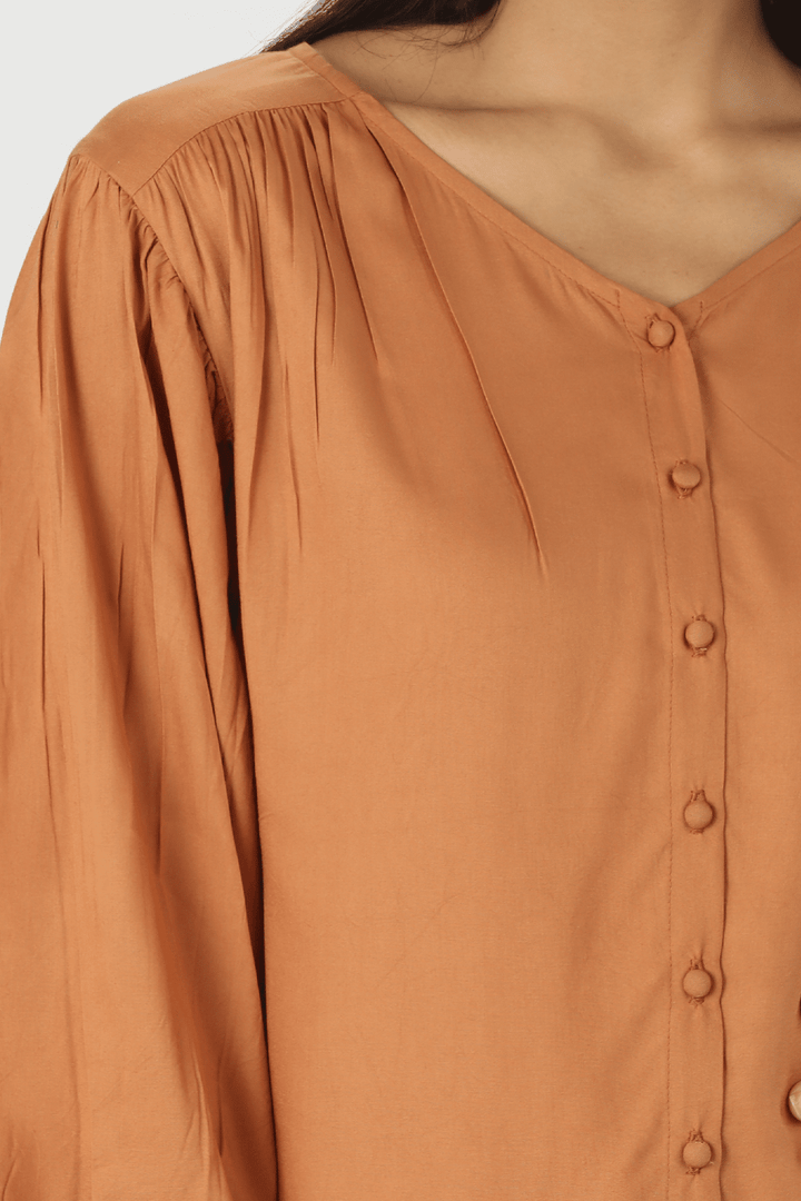 Beige Solid V Neck Top