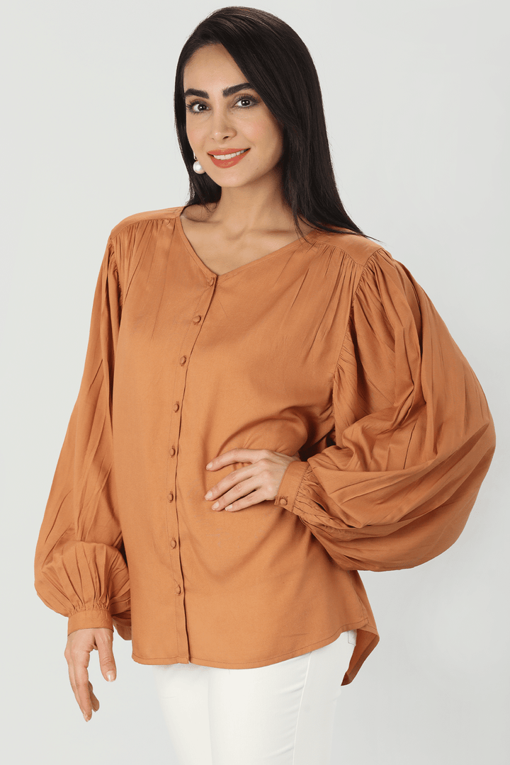 Beige Solid V Neck Top