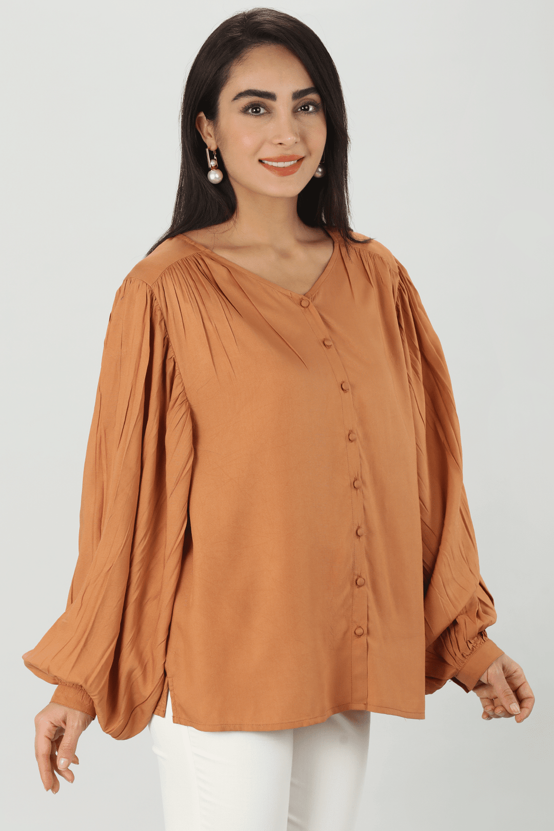Beige Solid V Neck Top