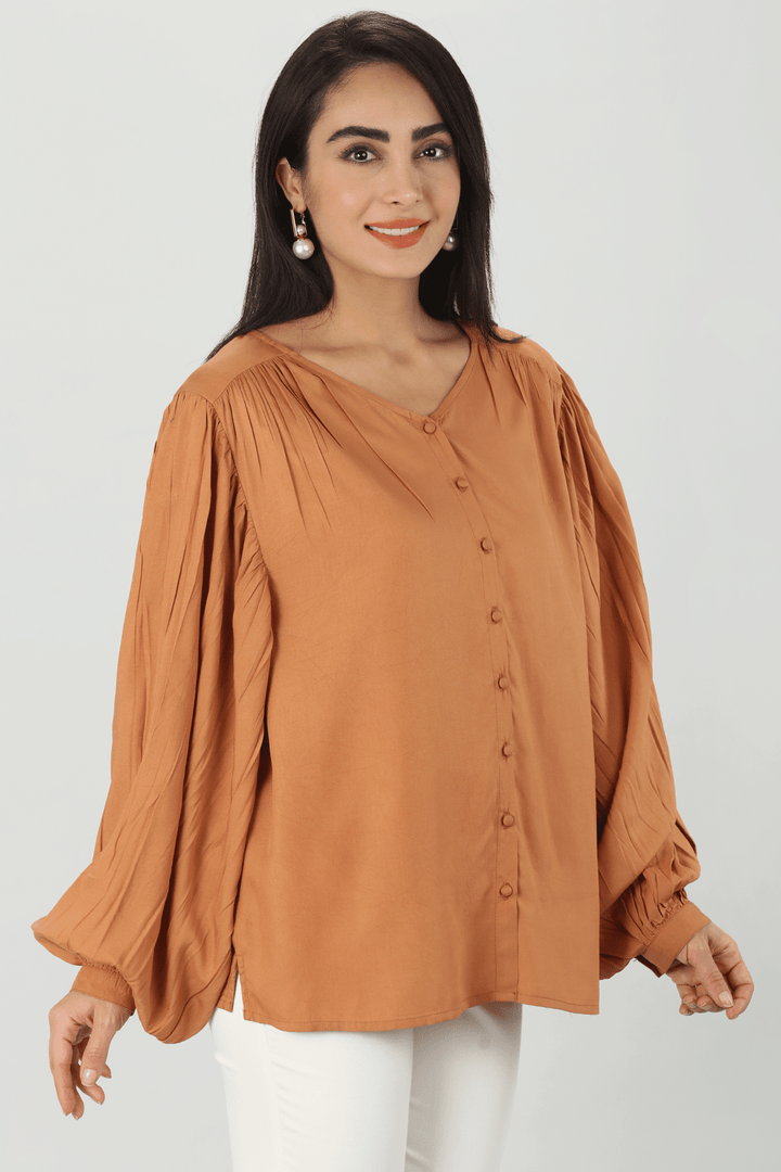 Beige Solid V Neck Top