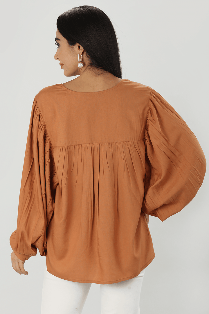 Beige Solid V Neck Top
