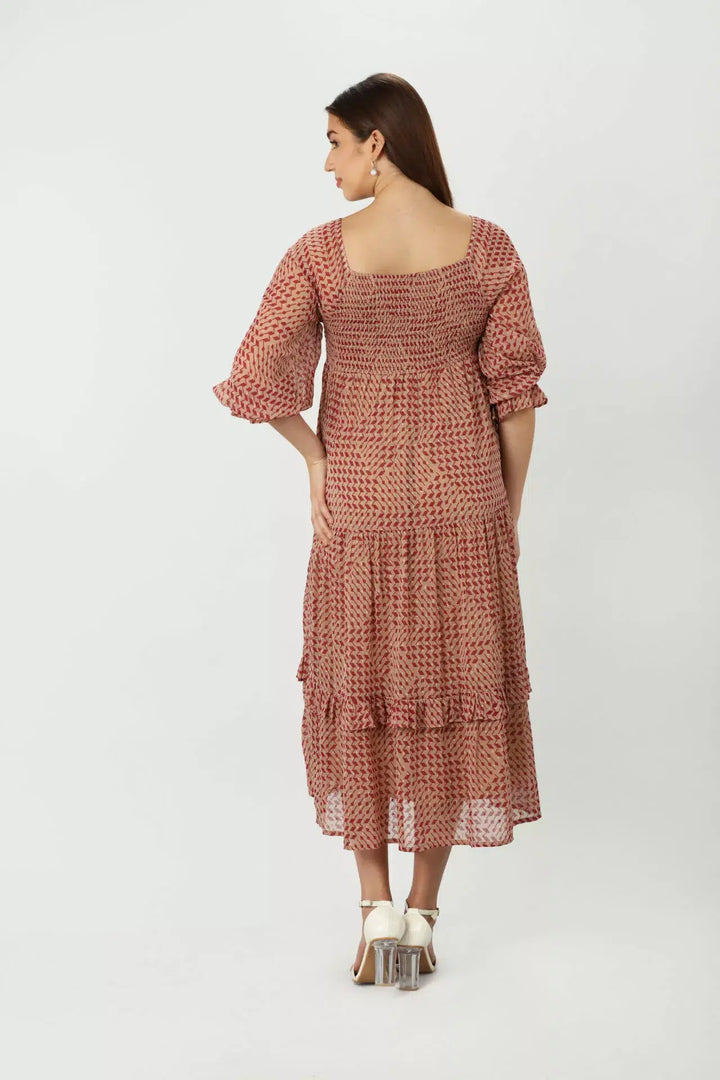 Peach Geometric printed Dress with Square Neck