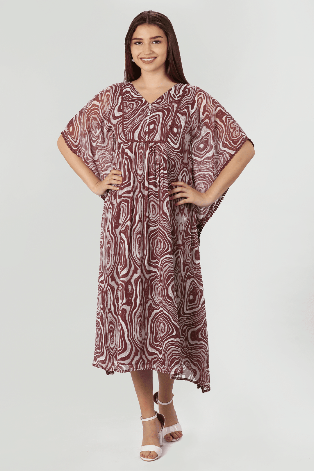 Maroon Marble Print chiffon V neck Dress