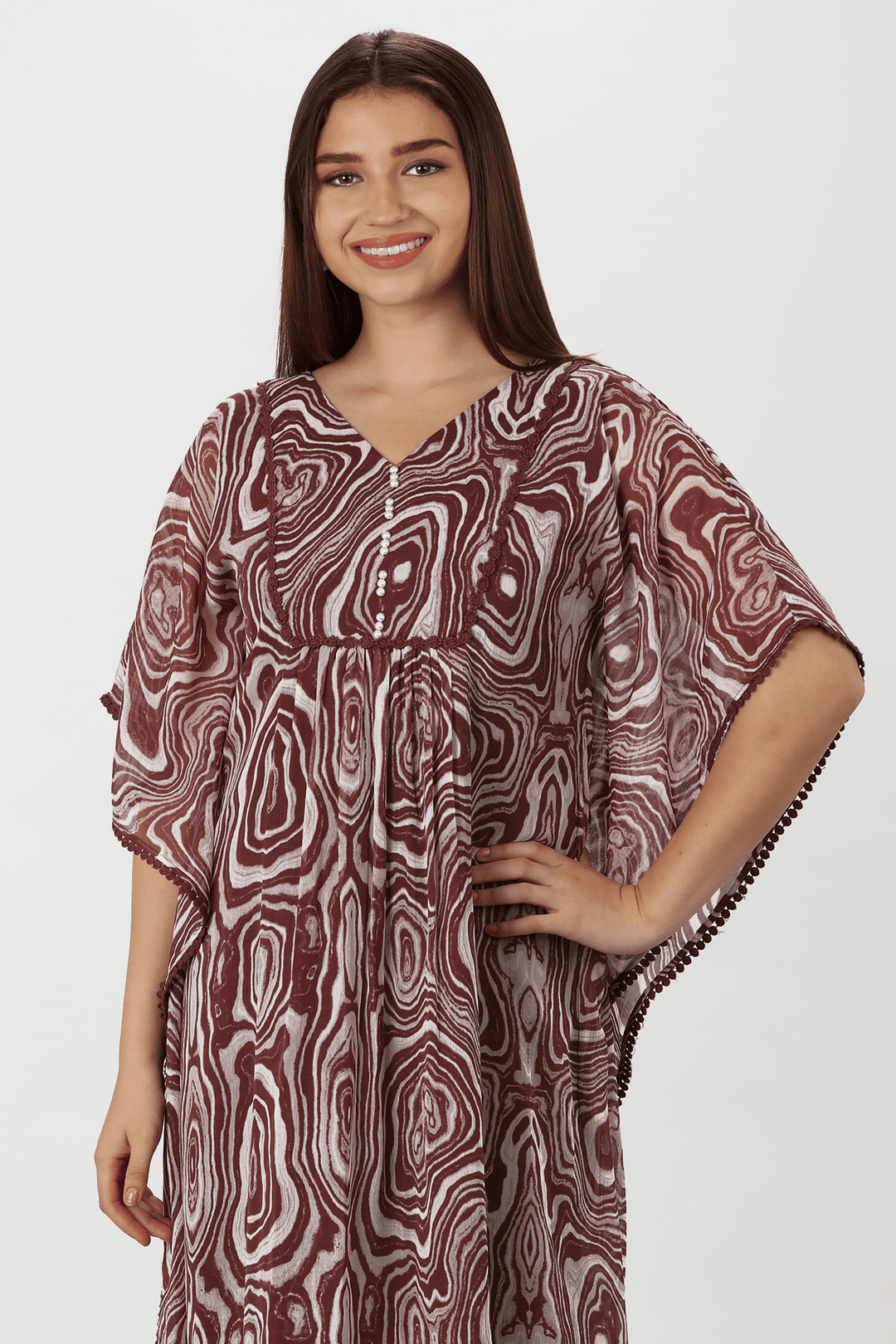 Maroon Marble Print chiffon V neck Dress