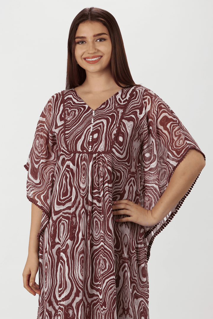 Maroon Marble Print chiffon V neck Dress