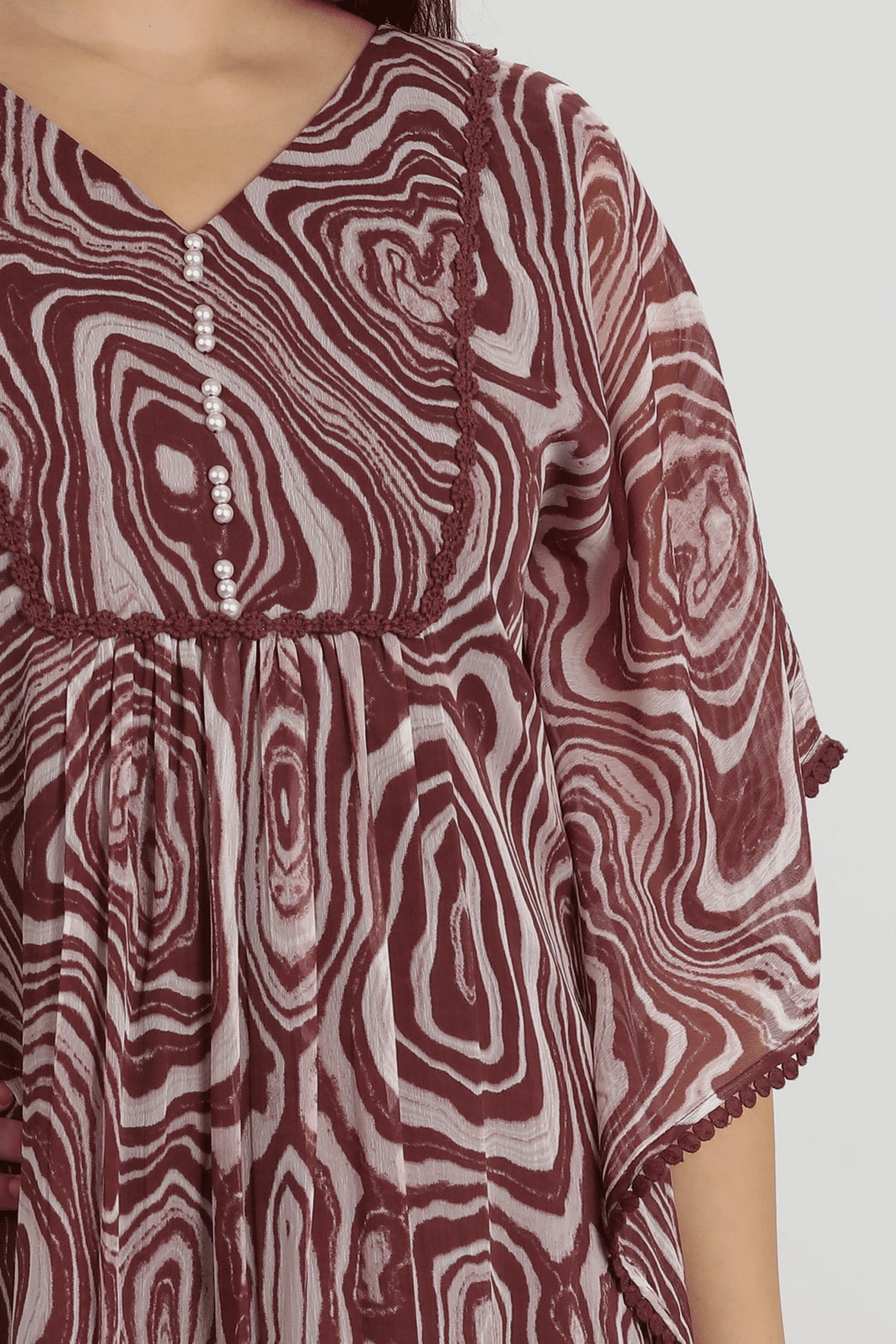 Maroon Marble Print chiffon V neck Dress