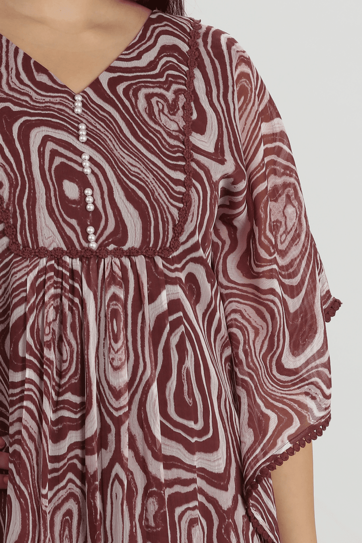 Maroon Marble Print chiffon V neck Dress