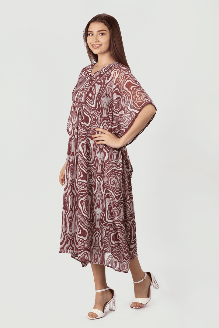 Maroon Marble Print chiffon V neck Dress