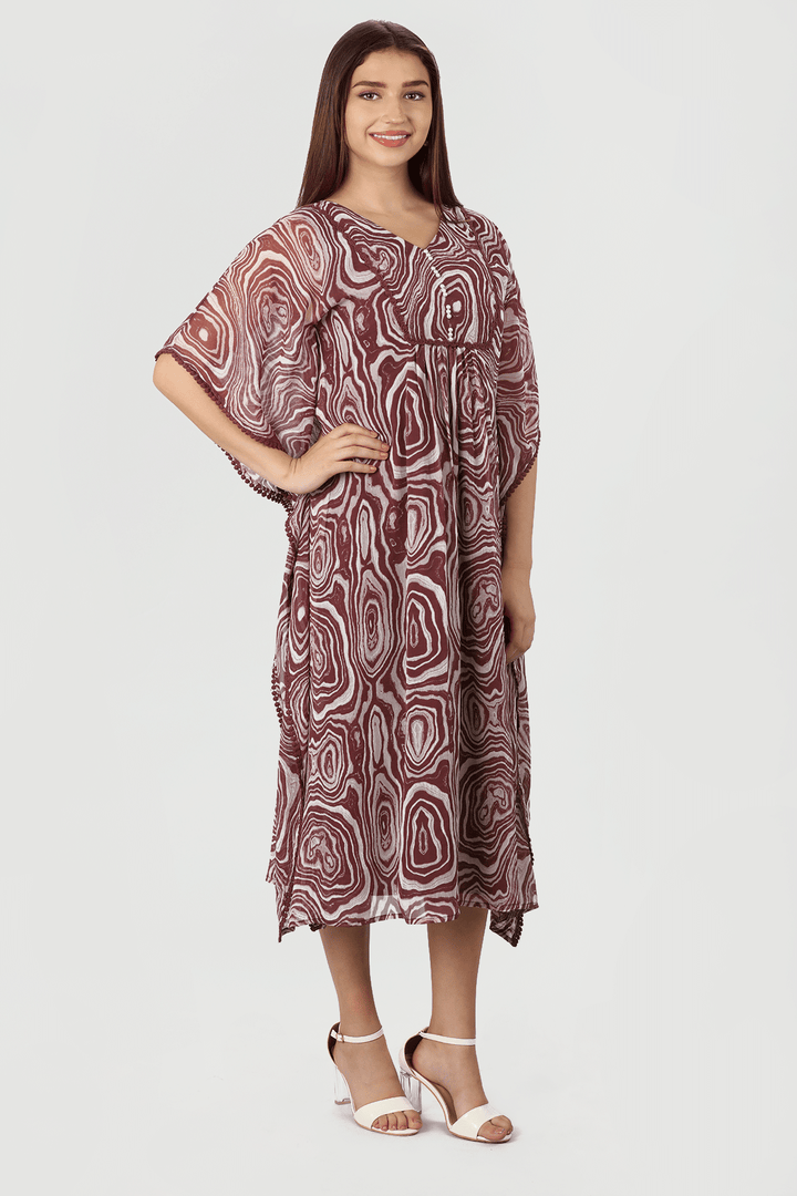 Maroon Marble Print chiffon V neck Dress