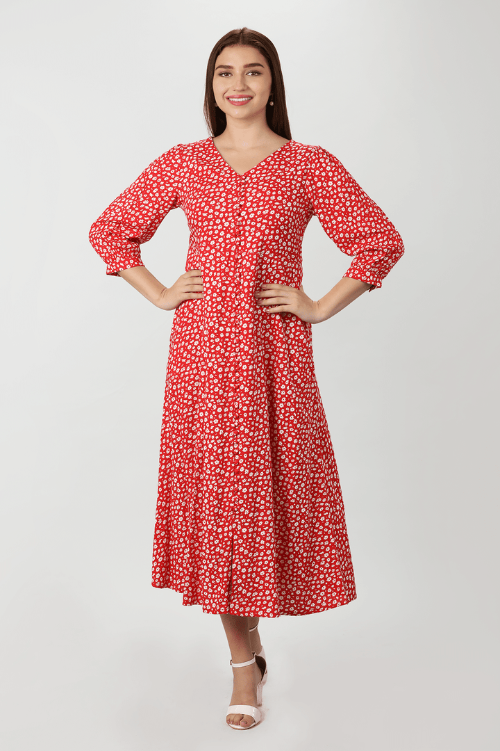 Red &amp; White Floral Printed Dress