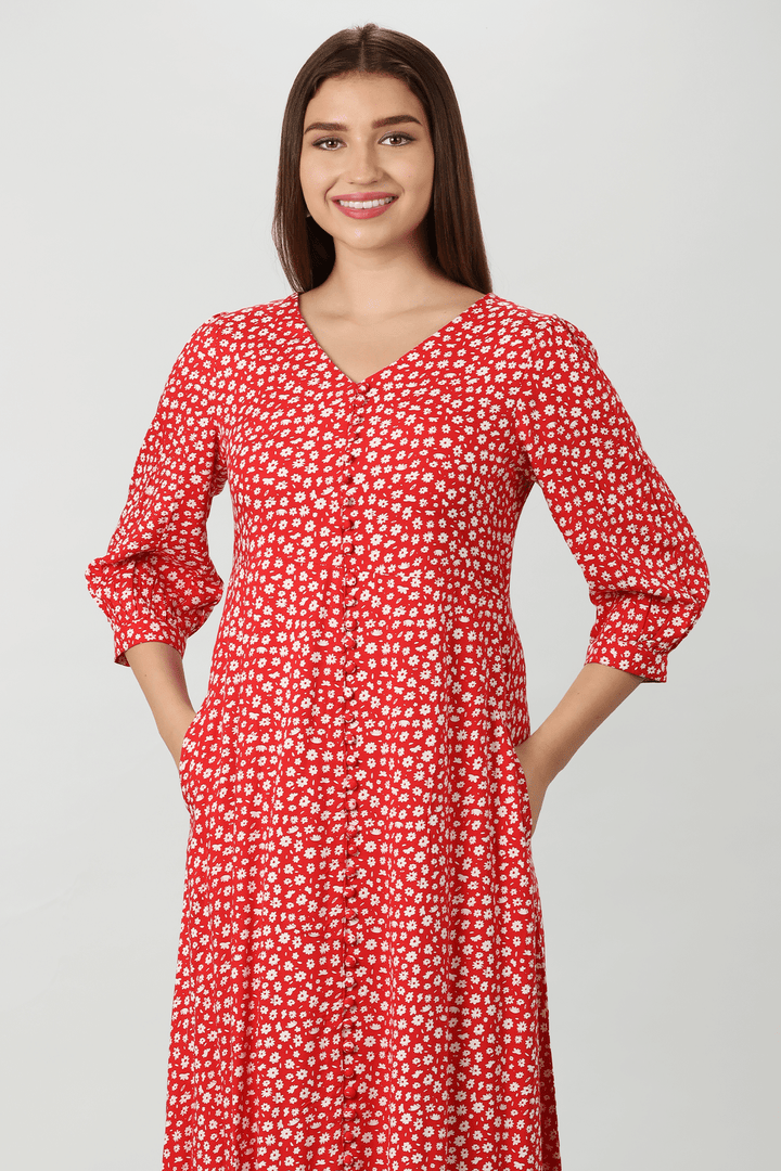 Red &amp; White Floral Printed Dress