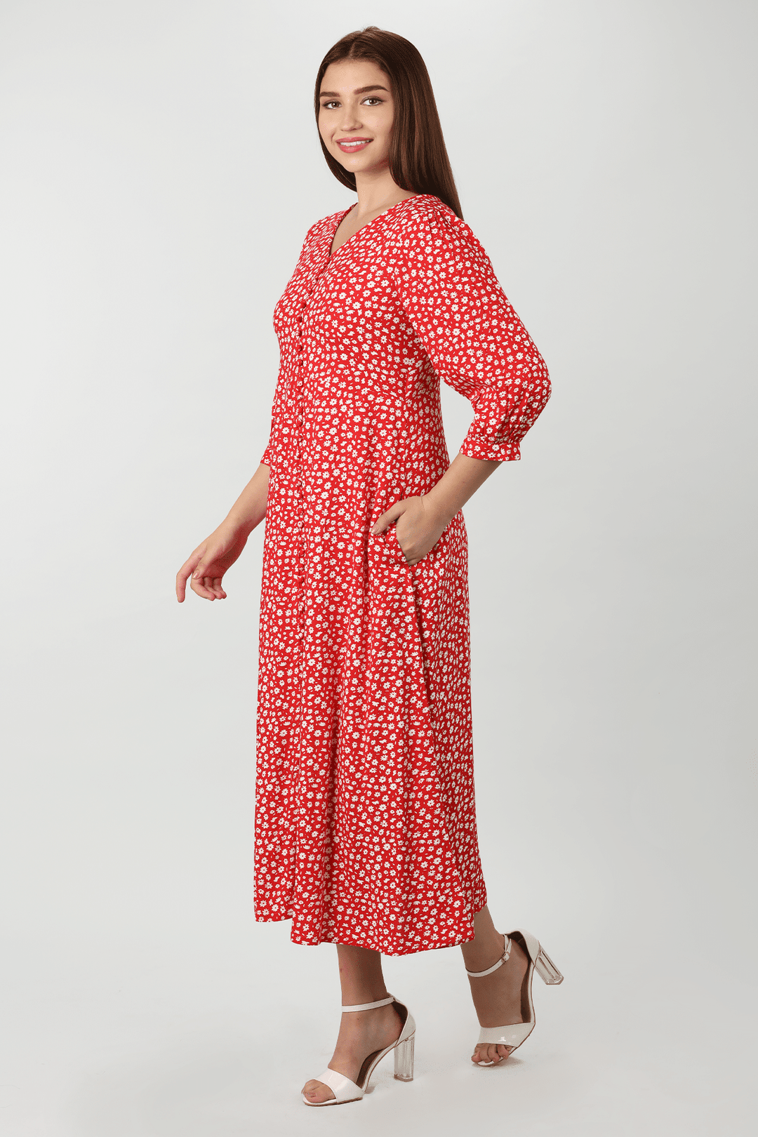 Red &amp; White Floral Printed Dress