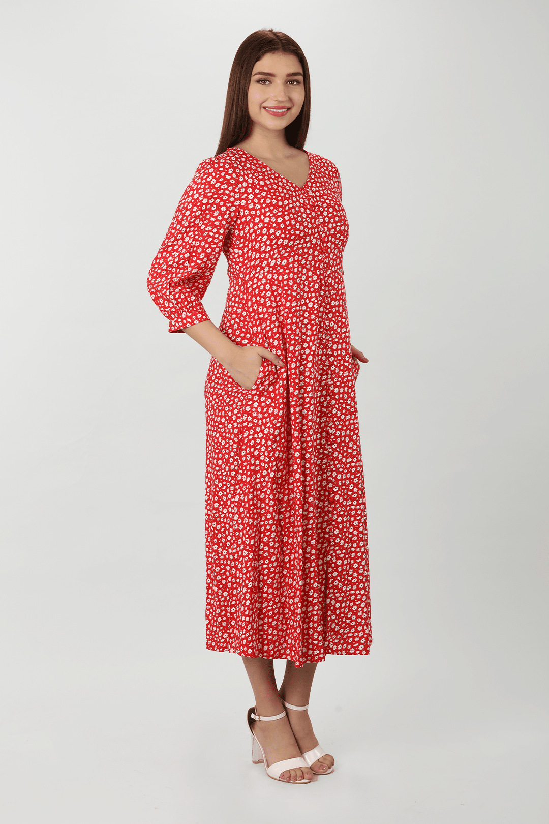 Red &amp; White Floral Printed Dress