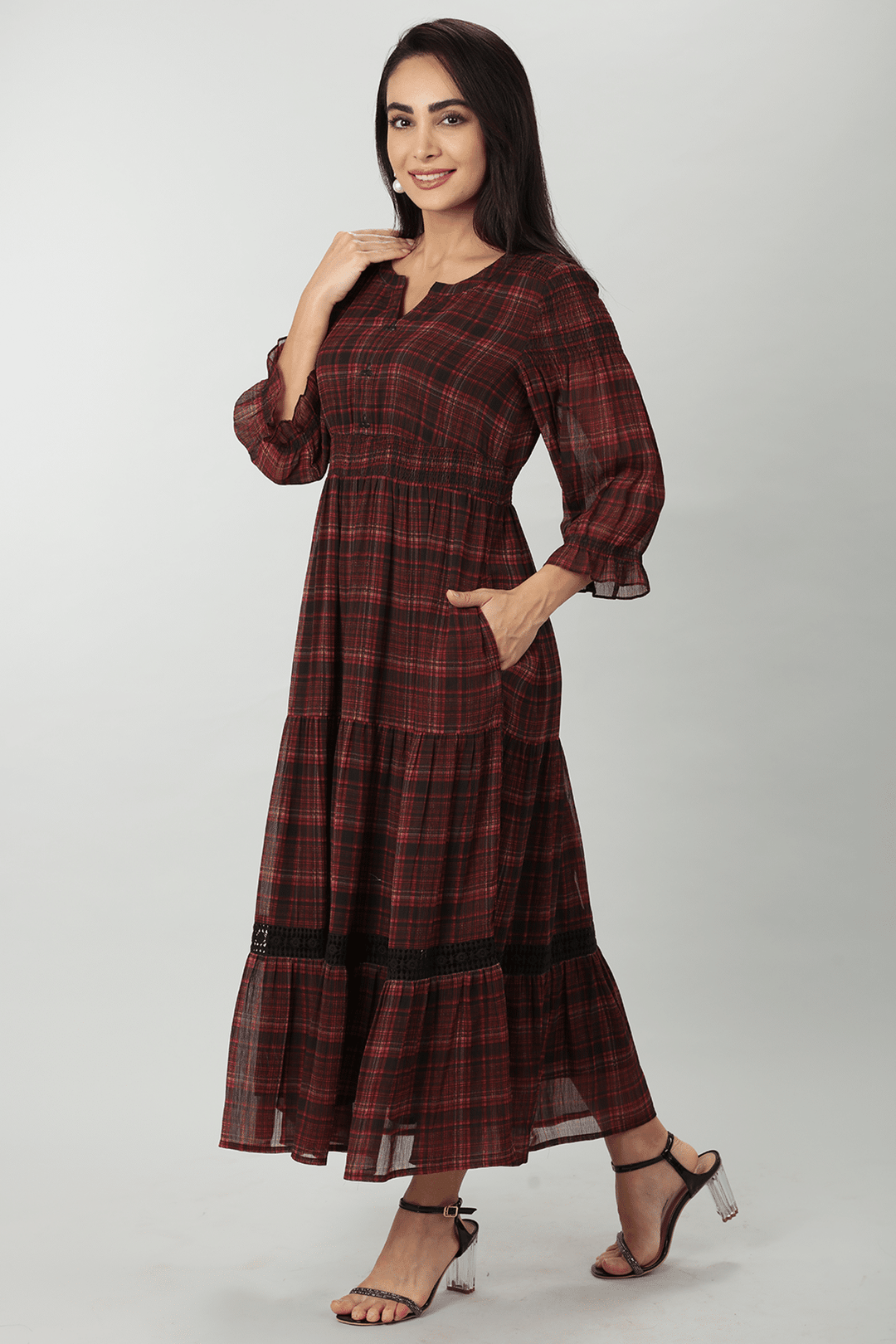Rust Red Georgette Check Casual Dress