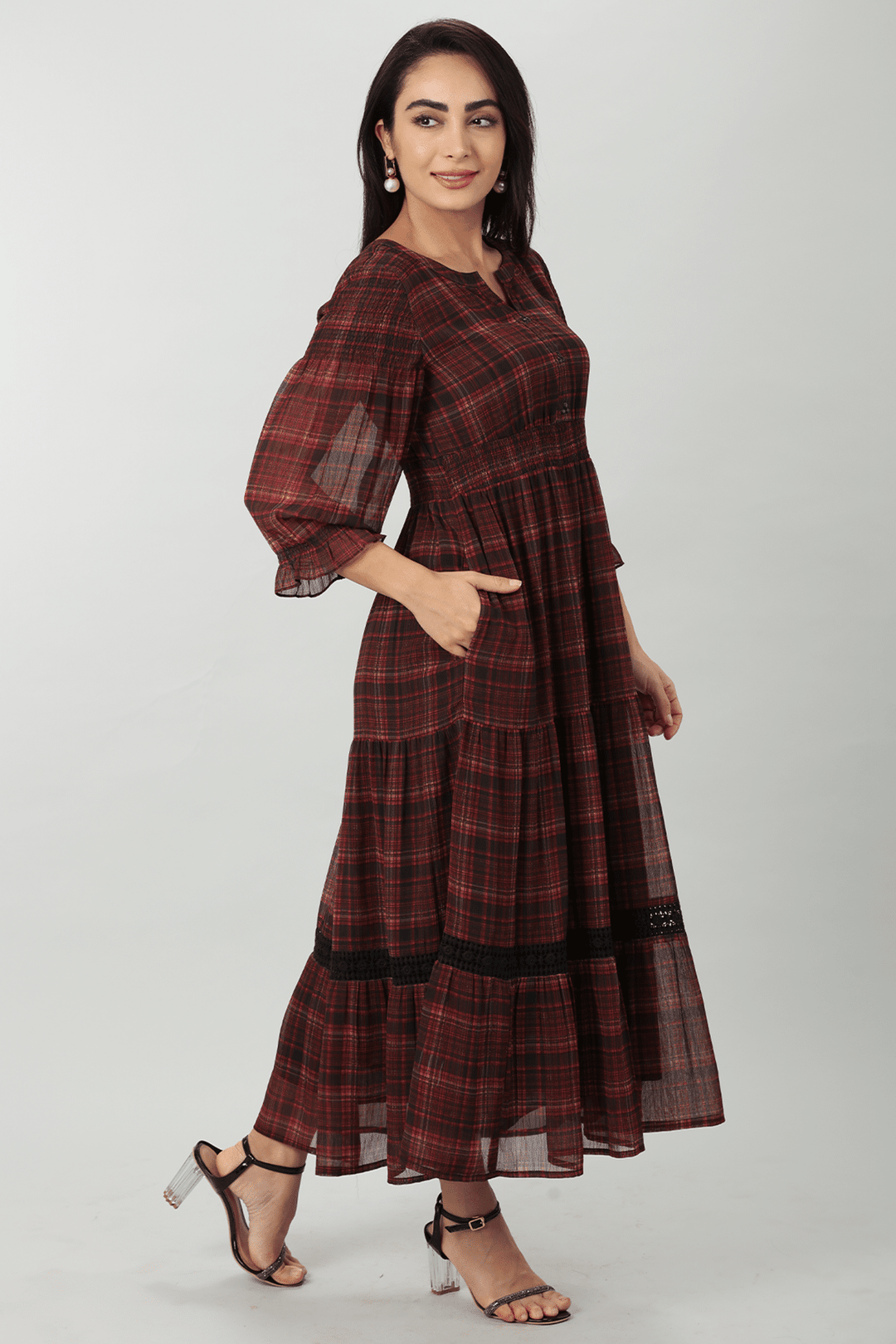 Rust Red Georgette Check Casual Dress