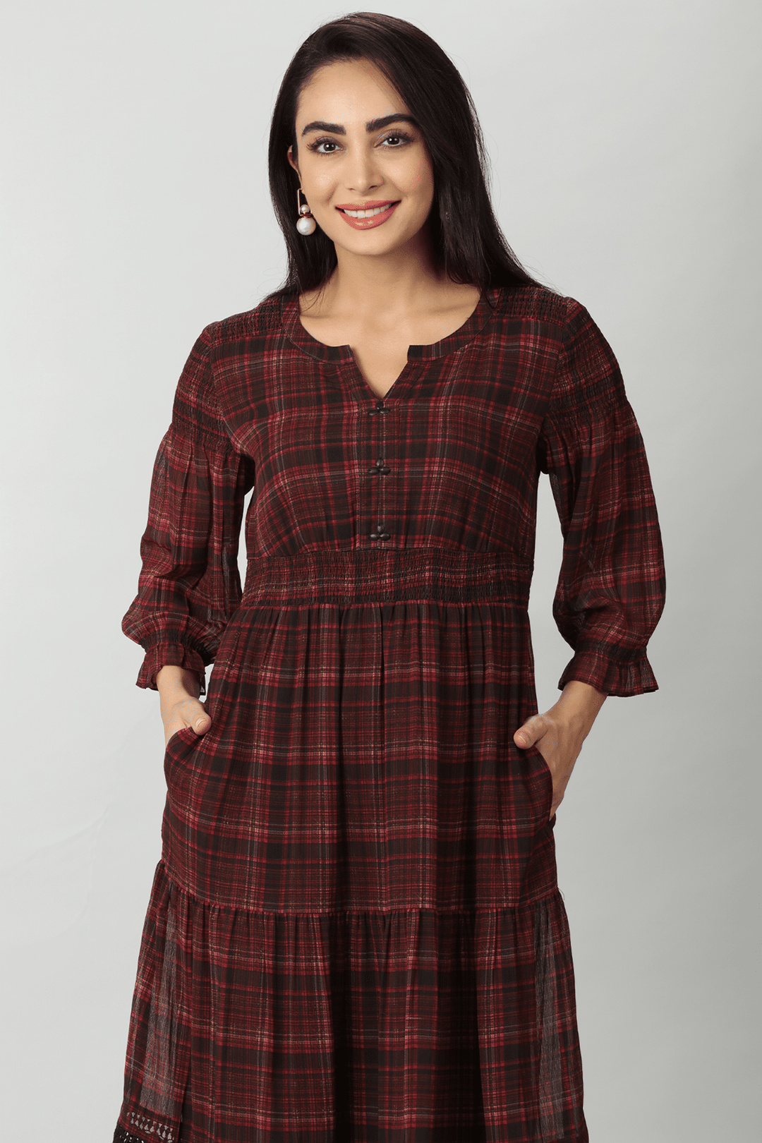 Rust Red Georgette Check Casual Dress
