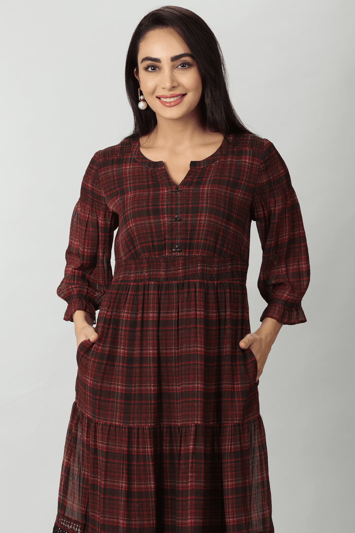 Rust Red Georgette Check Casual Dress