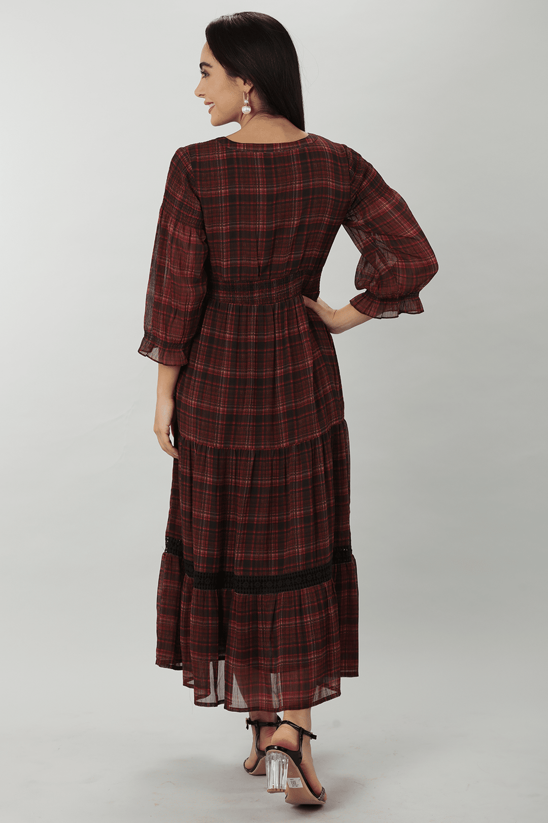 Rust Red Georgette Check Casual Dress