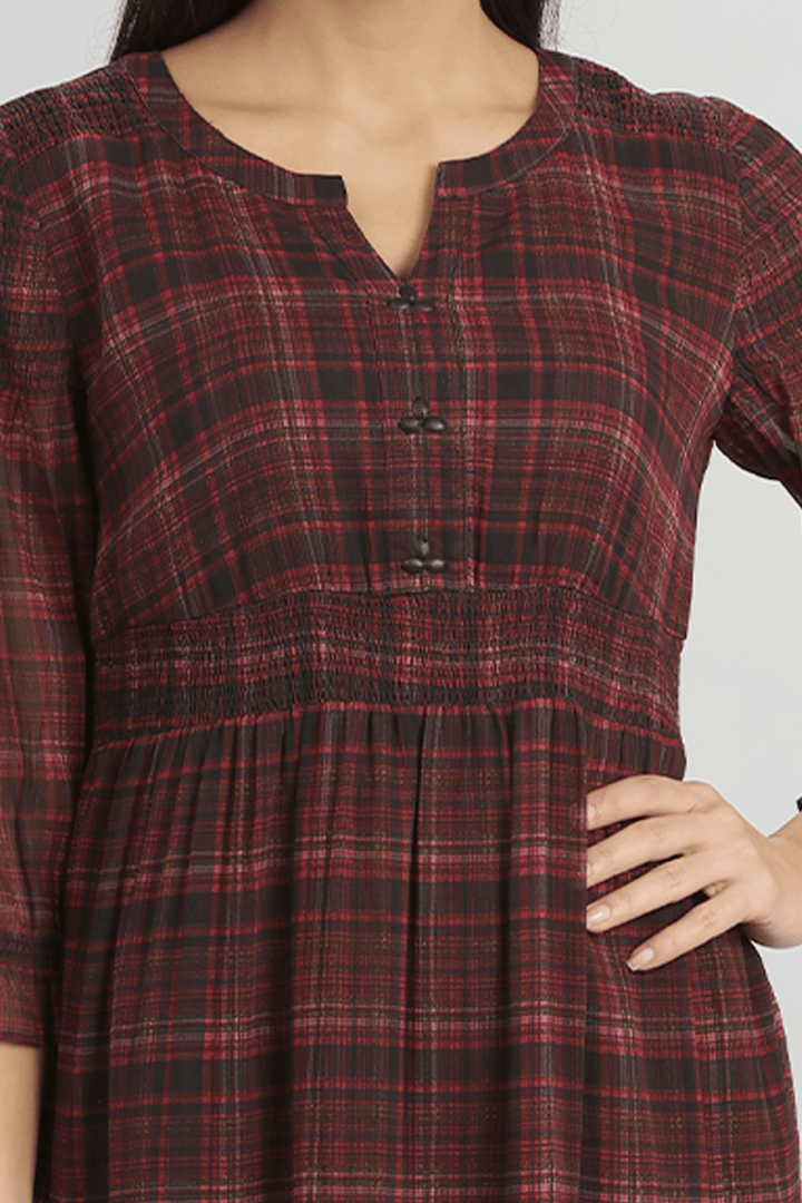 Rust Red Georgette Check Casual Dress