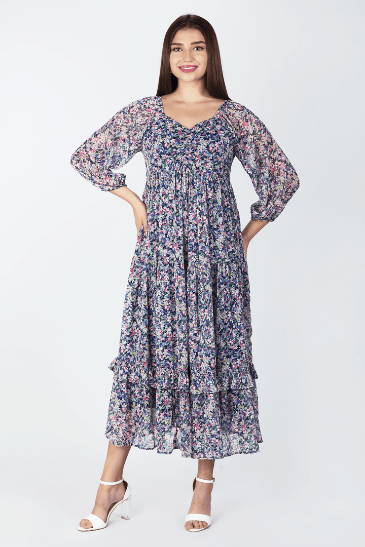 Blue Printed Chiffon Casual Dress