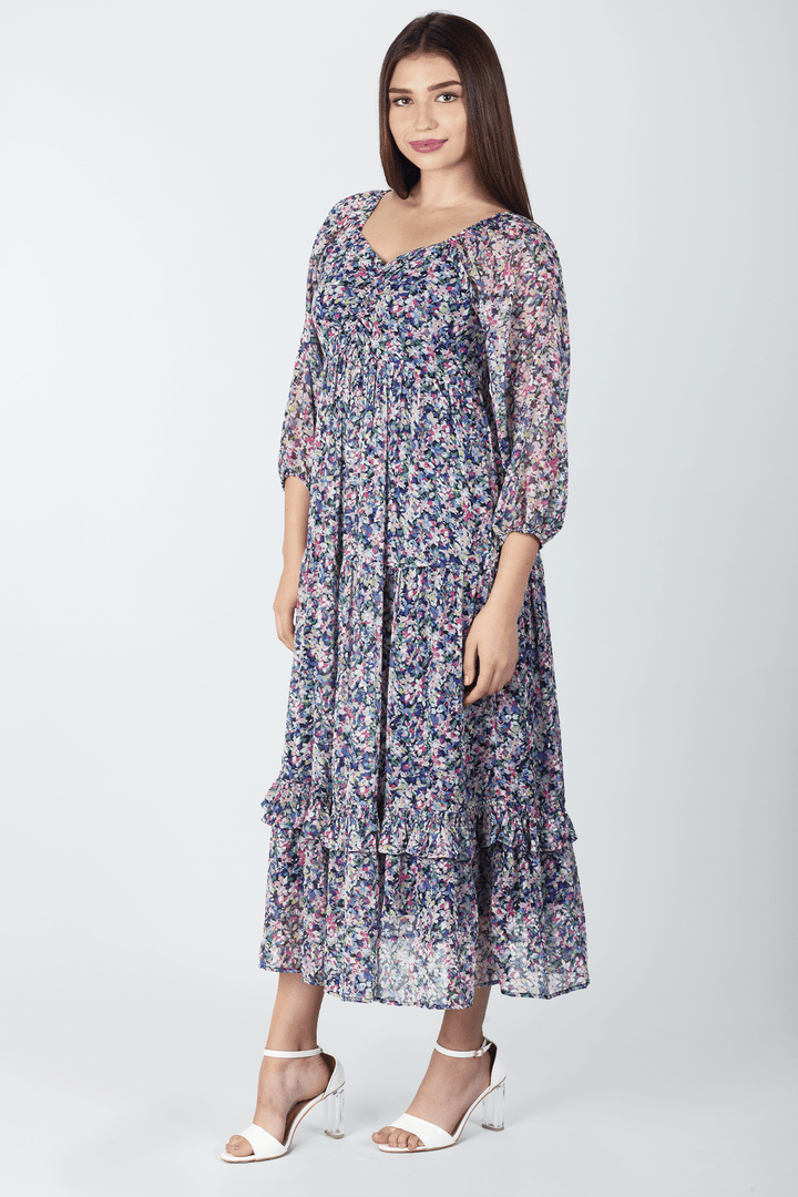 Blue Printed Chiffon Casual Dress