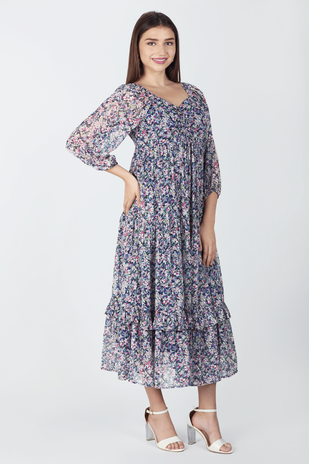 Blue Printed Chiffon Casual Dress