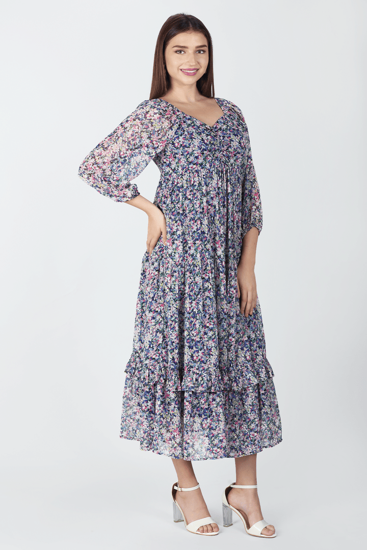 Blue Printed Chiffon Casual Dress